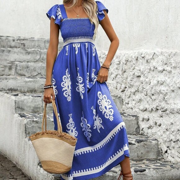 Royal Blue Boho Women's Vintage Style Printed Square Neckline Dress - Picture 2 of 6